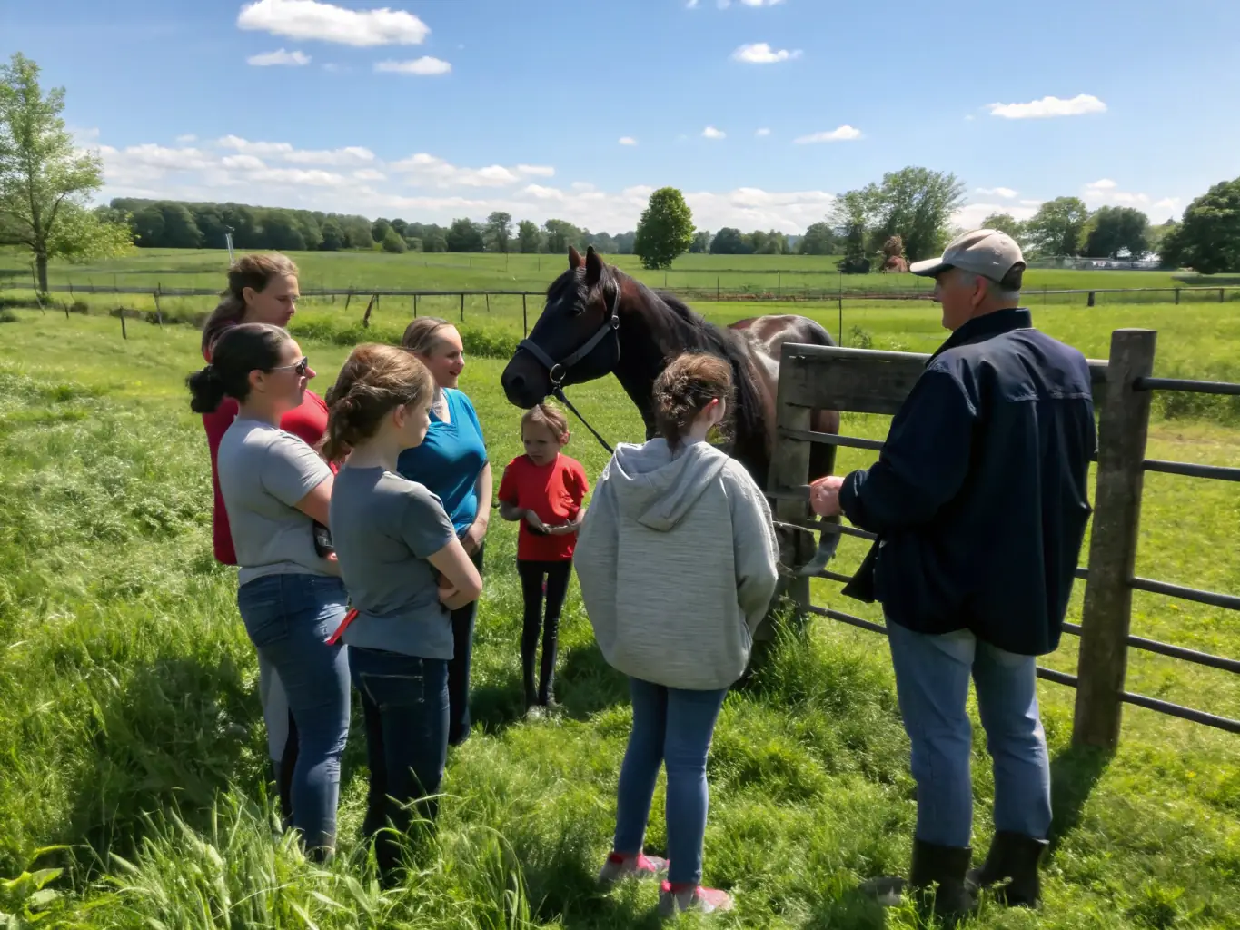 A photograph of a workshop session with participants actively engaged in learning about horse care and endurance riding techniques, emphasizing the educational aspect of the program.
