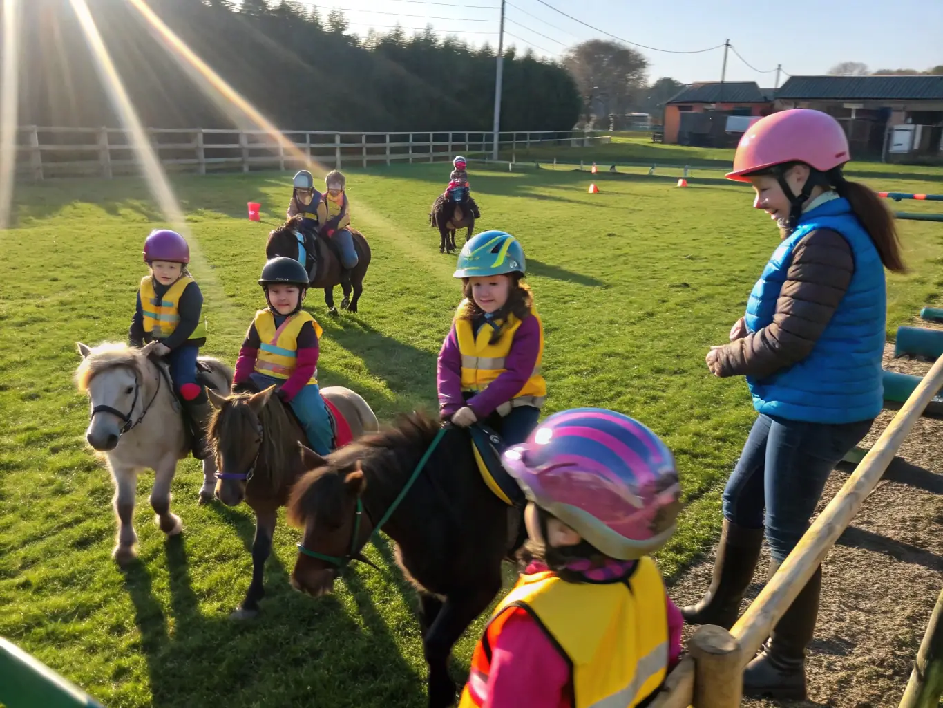A joyful scene of children and teenagers participating in a beginner riding session, supervised by instructors in a rural setting.