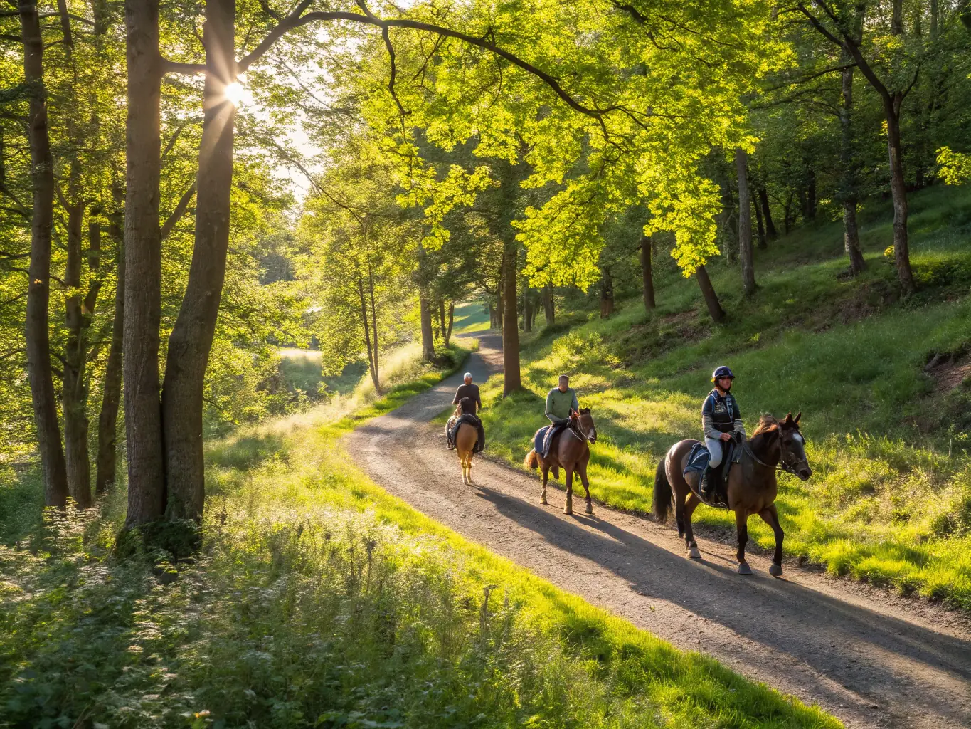 A dynamic image of riders and horses crossing a scenic trail during a competitive endurance ride, capturing the spirit of adventure and teamwork.
